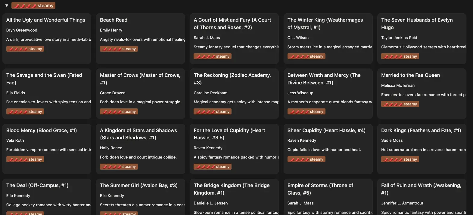 Gallery view of steamy romance books with spice level badges