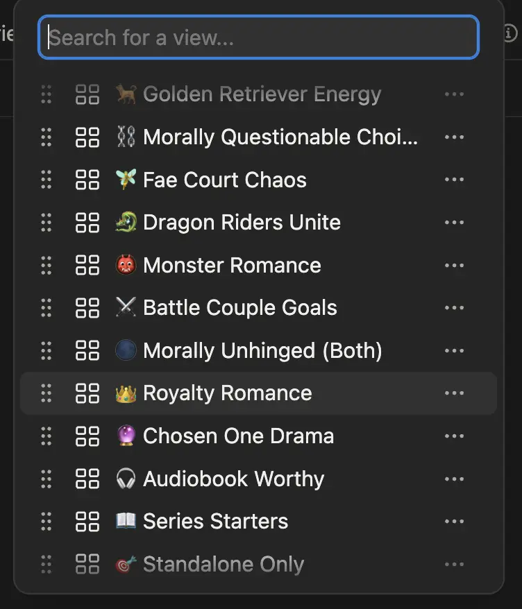 Saved mood view list featuring Fae Court Chaos, Dragon Riders Unite, and Royalty Romance