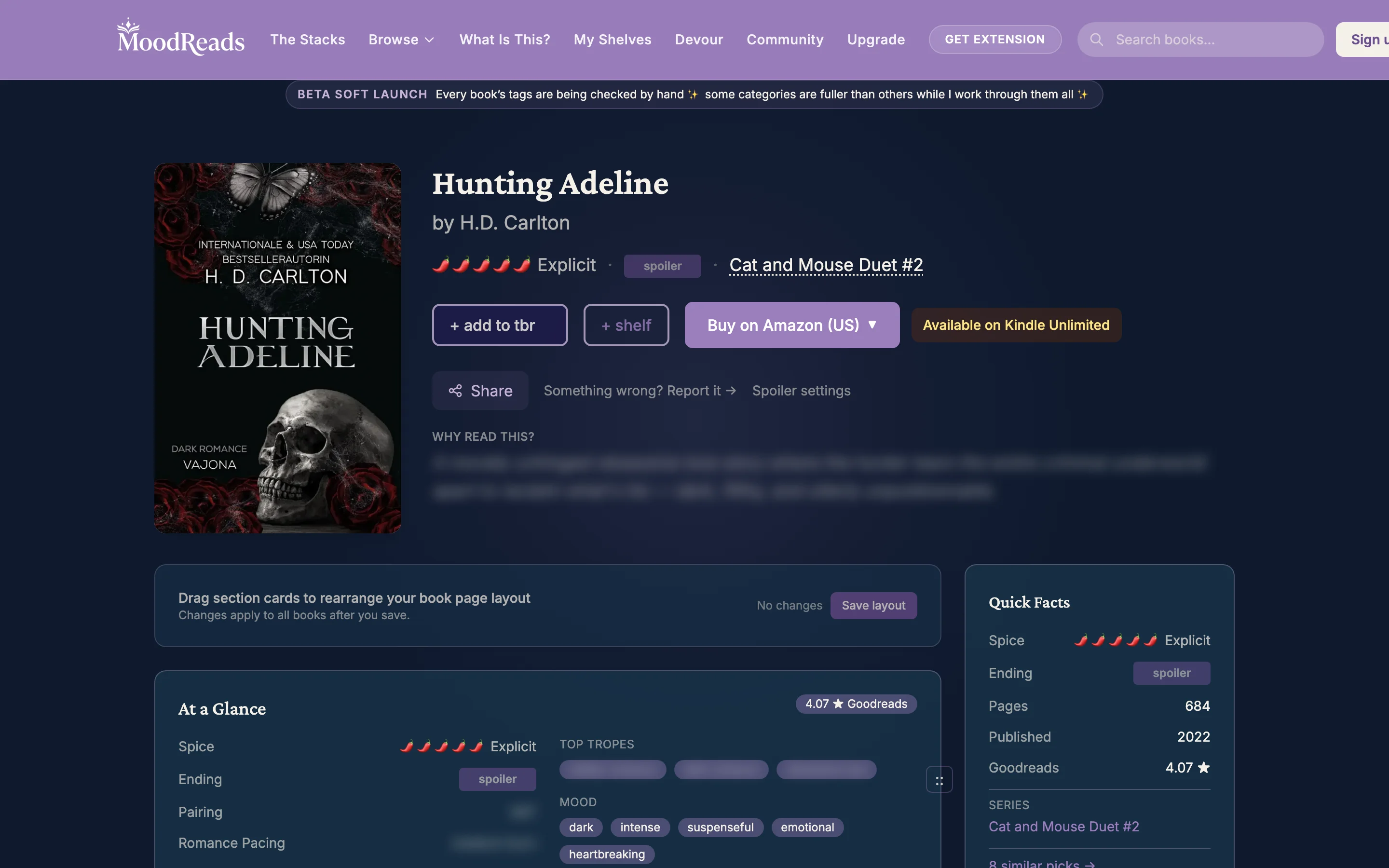 MoodReads book detail page showing spice, mood, tropes, and quick facts for Hunting Adeline