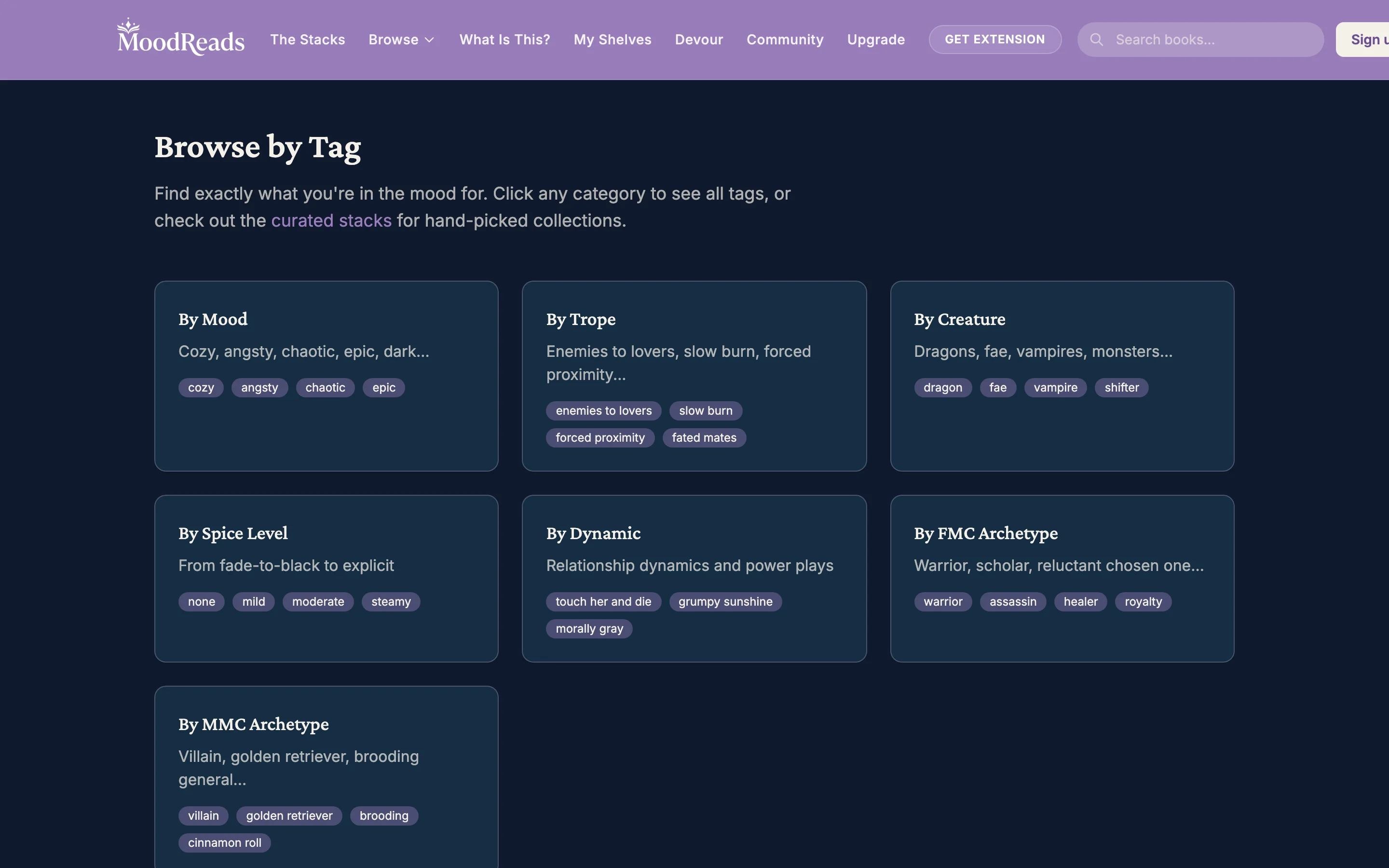 MoodReads browse page with filter categories: mood, trope, creature, spice, dynamic, archetype