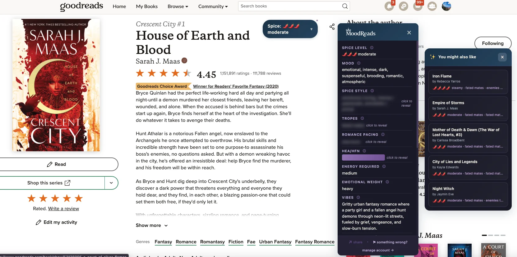MoodReads Chrome extension showing spice level, mood, tropes, vibes, and book recommendations on a Goodreads book page