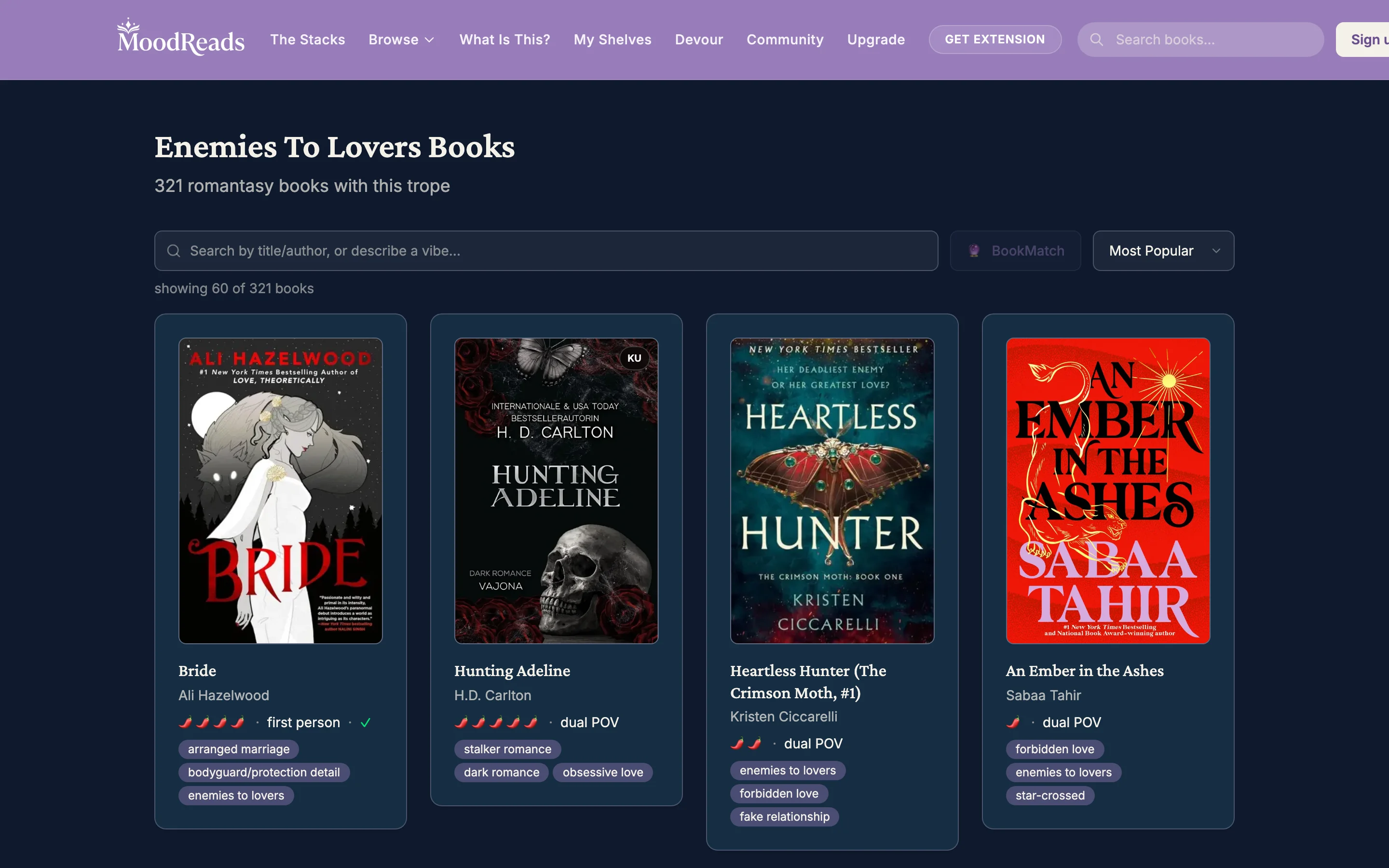 MoodReads browse page showing 321 enemies-to-lovers books with covers, spice levels, and trope tags